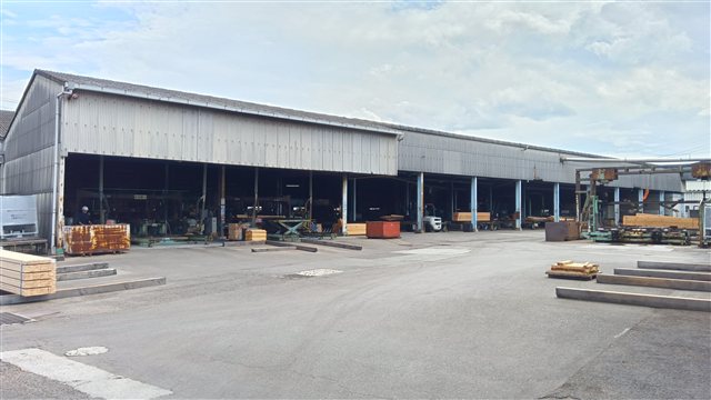 愛媛県松山市西垣生町にある自社製材工場の外観